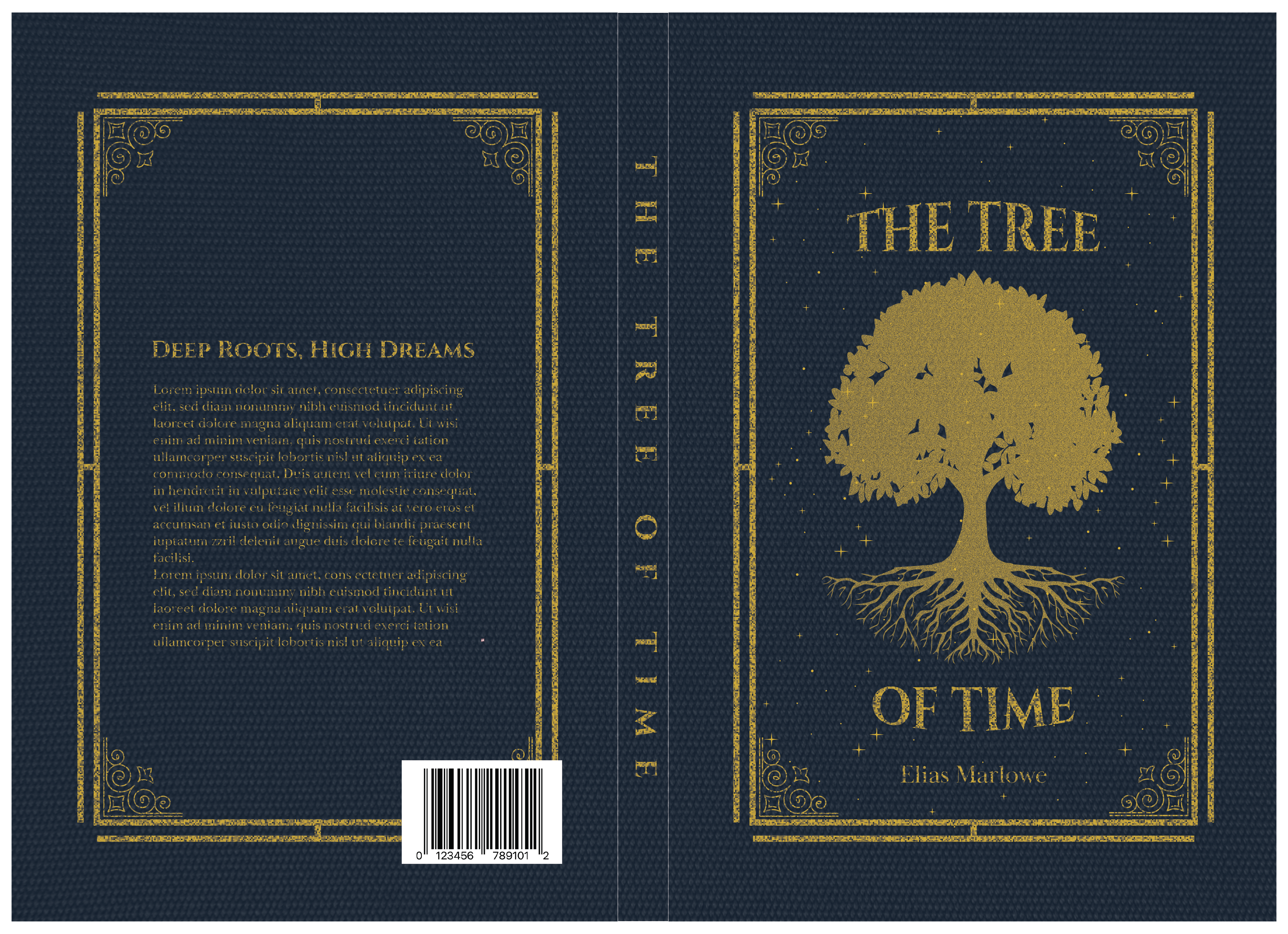 Book cover design with gold tree on navy background